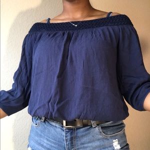 Cropped, Open-shoulder, Navy Blue Blouse